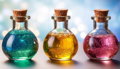 Three colorful potion bottles with cork stoppers, filled with sparkling liquid.