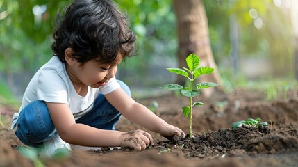 Young gardener planting seeds in a community garden, soft daylight, medium shot, humble satisfaction, green sprouts, nurturing touch, urban renewal,