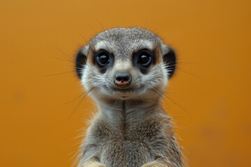 Obraz premium Close-up portrait of a meerkat against a plain orange background, resembling an art model in a creative learning environment or art school setting