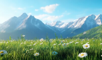 Vibrant landscape showcasing a meadow filled with daisies and majestic mountains under a clear blue sky, perfect for nature lovers.