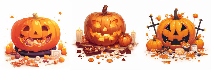 A illustration of a Halloween pumpkin with spooky treats arranged around it, isolated on white backgroun