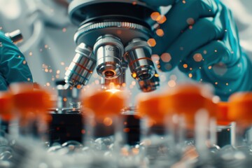 Fototapeta premium Scientist in lab coat using microscope to analyze samples under laboratory conditions