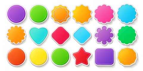Colorful sticker mockup templates in various shapes and sizes with blank spaces for customization, isolated on a white