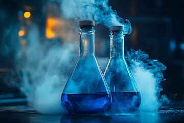 Two blue flasks emitting smoke