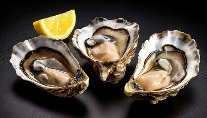 Three fresh oysters with a lemon wedge on a black background.