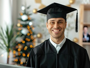 A virtual graduation party at home, family and friends on video calls, the graduate in cap and gown in front of a computer, surrounded by decorations, modern and relatable