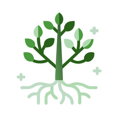 Tree with visible roots illustration, green tones, growth and stability concept