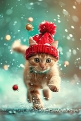 A cat wearing a red hat and scarf is running through the snow