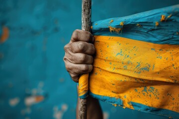 Hand holding worn ukrainian flag against blue background