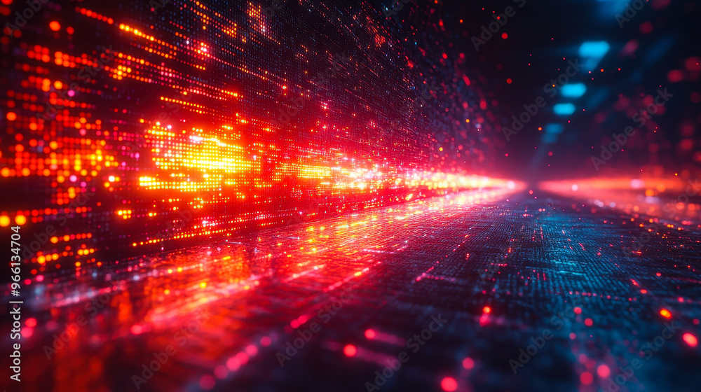 Poster futuristic digital data stream in high-tech tunnel with glowing pixel light patterns representing fa