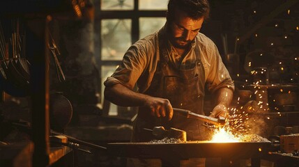 Focused blacksmith hammering heated metal