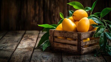A rustic wooden crate filled with fresh, ripe lemons surrounded by green leaves on a wooden surface.