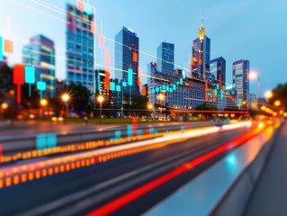 Fototapeta premium A timelapse image of a citys skyline transitioning from day to night, with stock market charts overlaying the buildings, illustrating the constant flow of market activity