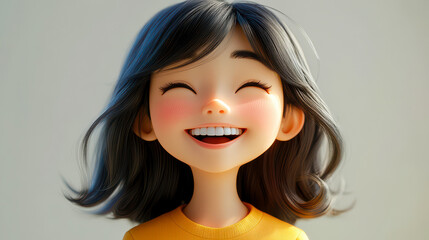 Joyful Smiling Asian Cartoon Girl with Brown Hair Exhibiting Happiness and Laughter in 3D Style Illustration