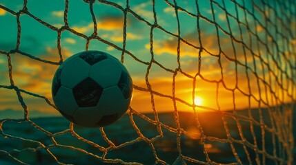 A soccer ball caught in a net at sunset, symbolizing the spirit of the game and the beauty of the moment.