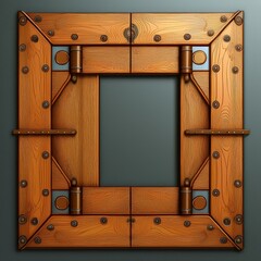 Wooden frame with hinges and a square opening.