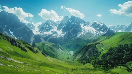 Fototapeta premium A mountain landscape with green valleys and snow-capped peaks under a clear, bright summer sky