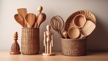 Wooden kitchen utensils and a decorative wooden figure in woven baskets.