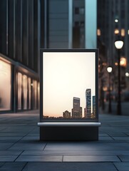Illuminated Billboard Displaying City Skyline at Dusk
