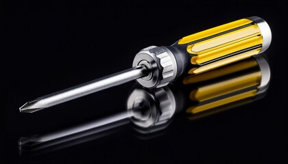 Yellow and silver screwdriver isolated on black background.