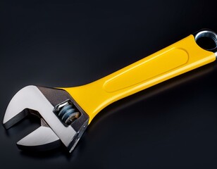 Yellow wrench isolated on black background. Industrial tool for tightening and loosening nuts and bolts.