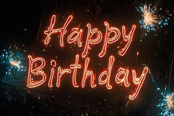 Colorful 'Happy Birthday' message in neon lights with fireworks in the background