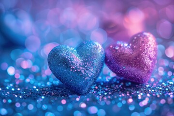 Fototapeta premium Two hearts made of glitter are on a blue background