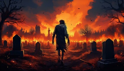 Zombie Apocalypse in Burning Cemetery Under Fiery Sky, Eerie Digital Art Depiction of Undead Wanderer in Post-Apocalyptic Graveyard at Dusk