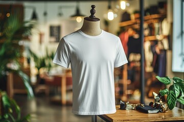 Obraz premium Tshirt on stylish mannequin in boutique background created with Generative AI