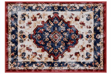 A decorative area rug featuring a traditional Persian design with intricate patterns in red, blue, and cream colors. The rug has a central medallion surrounded by floral motifs.