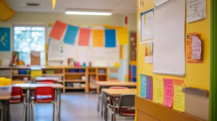 A classroom setting with colorful bulletin boards, desks, and educational materials, promoting learning and engagement.