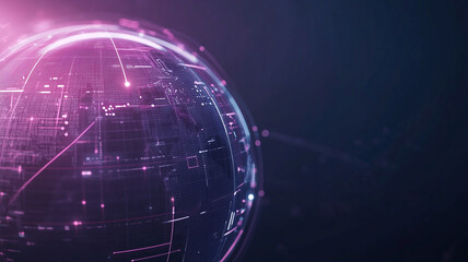 Abstract futuristic marketing elements floating inside a transparent sphere, deep purple backdrop with glowing lines, right side clear for copy