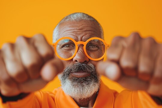 Confident man in orange glasses against yellow background