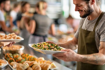 A serene image of a volunteer handing out food at a community center, focusing on the power of compassion and support during tough times, focus cover all object, deep dept of field
