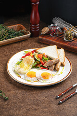 Portion of restaurant breakfast with fried eggs and sausages