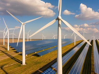 Fototapeta premium A serene countryside with wind turbines and solar panels, juxtaposed with gas pipelines, symbolizing the transition from traditional fuels to renewable energy sources