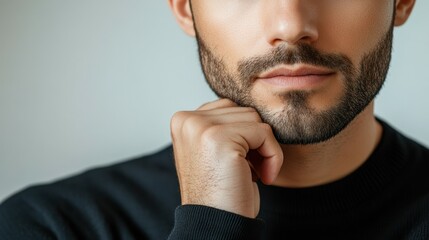 Obraz premium Close-up of a focused marketer, their hand supporting their chin as they strategize their next campaign, isolated on a crisp, white surface