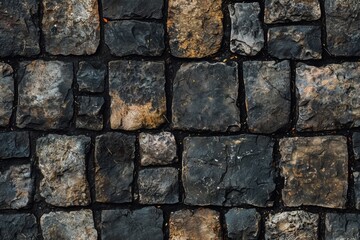Fototapeta premium Textured stone pavement, featuring irregularly shaped dark stones arranged in a pattern. The stones have a rough surface and varying shades of gray and brown, creating a rustic appearance.