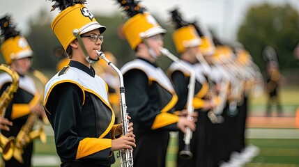 A school marching band team practicing their formation on a football field