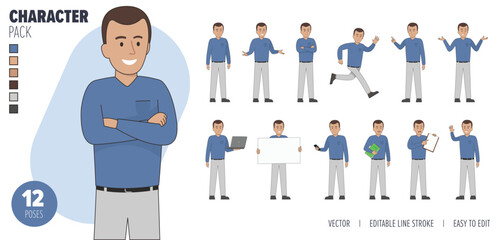 2D Illustrated male vector character set. Easy to edit and isolated on a white background. Modern trendy style character mega pack with lots of poses.
