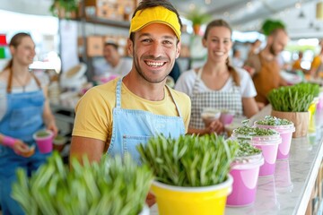 A popup shop event with a young entrepreneur showcasing innovative products, vibrant displays, and enthusiastic customers, illustrating modern retail experiences