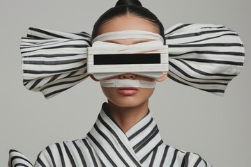 Avant garde fashion model posing in striped outfit with unique headpiece