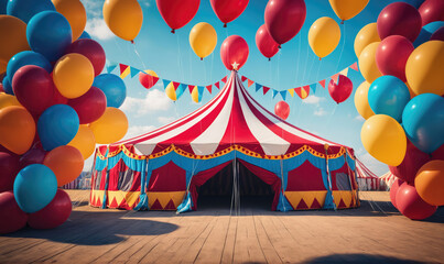 A colorful circus tent with red and white stripes stands ready for the show, with balloons floating in the air above