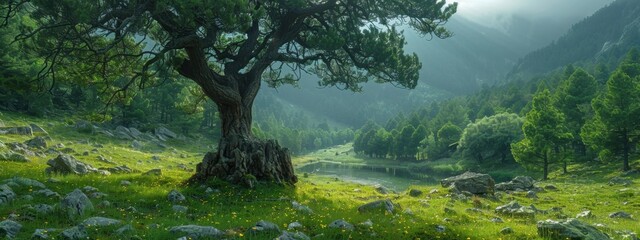 Fototapeta premium Cedars of God Forest: A majestic forest of ancient cedar trees in the mountains.
