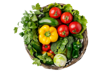 Vegetables in basket with different plant isolated on background, healthy ingredients plant from flat lay view.