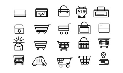 Set of linear icons of shopping cart and shopping cart. Trolley and grocery basket