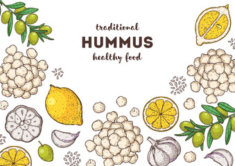 Hummus packaging design template. Cooking and ingredients for hummus. Sketch illustration. Middle eastern cuisine frame. Healthy food recipe, design elements. Hand drawn, package design.