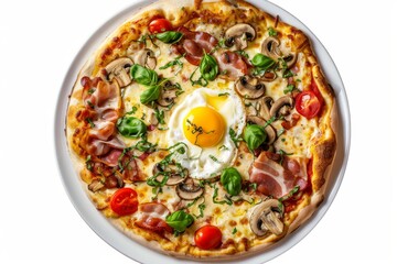 Pizza with Mushrooms, Bacon and Egg on White Plate Isolated, Italian Carbonara Pizza