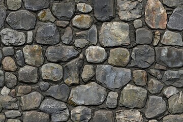 Obraz premium A textured stone wall made of various sizes and shapes of gray and brown stones, showcasing natural variations and imperfections.