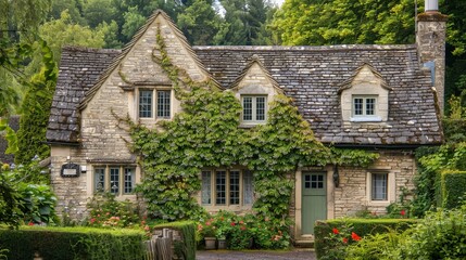 A quaint country cottage with a stone facade, ivy climbing the walls, and a picturesque garden